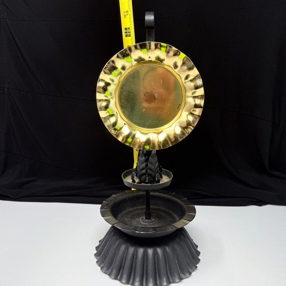 Vintage Black Metal Candle Sconce Wall Mount Brass Reflector 70s 80s Country 13"